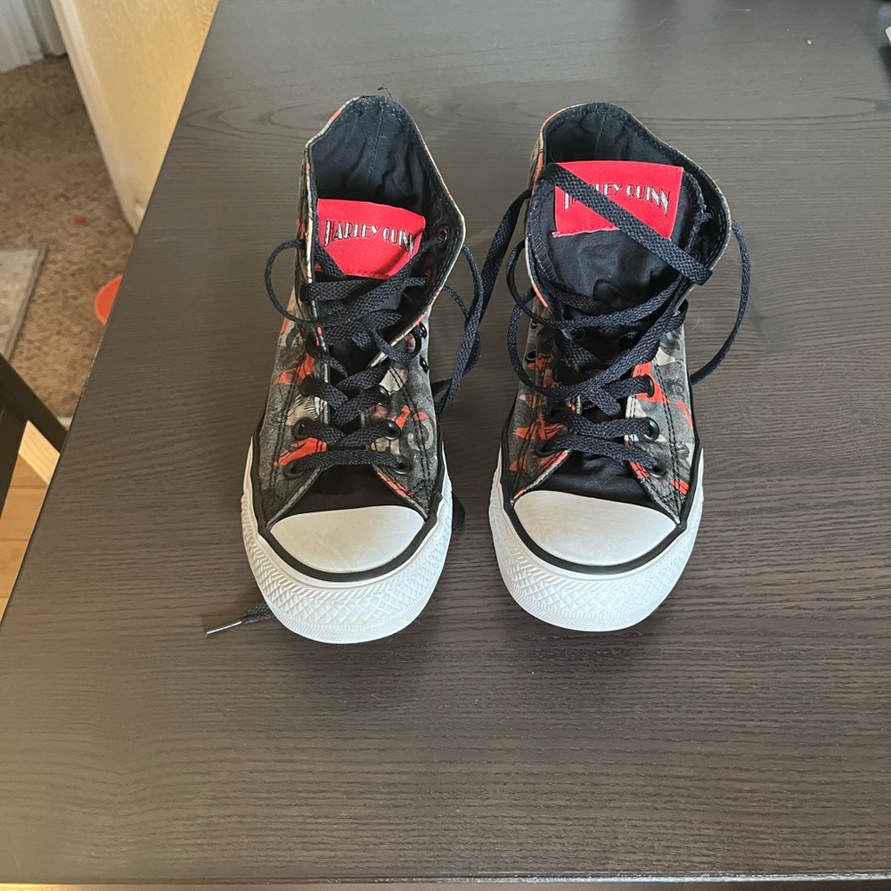 Harley Quinn Converse High Top Sneakers in Black with Red Accents pre_loved